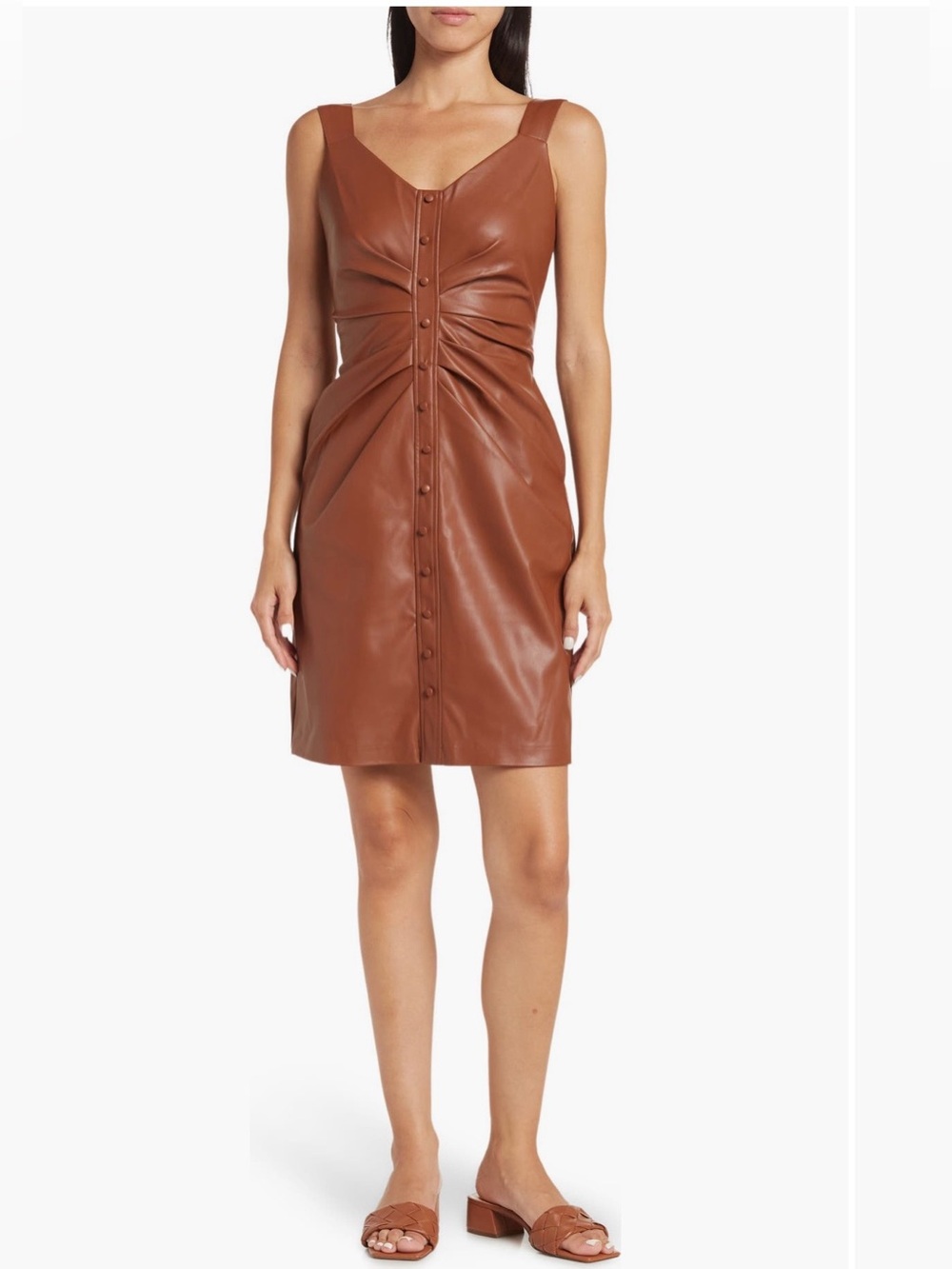 GUESS Cognac Faux Leather Ruched Button Front Dress Size 12